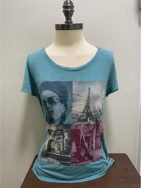 Y2K Paris T-Shirt Teal Artsy Scenes Chic Sz M
